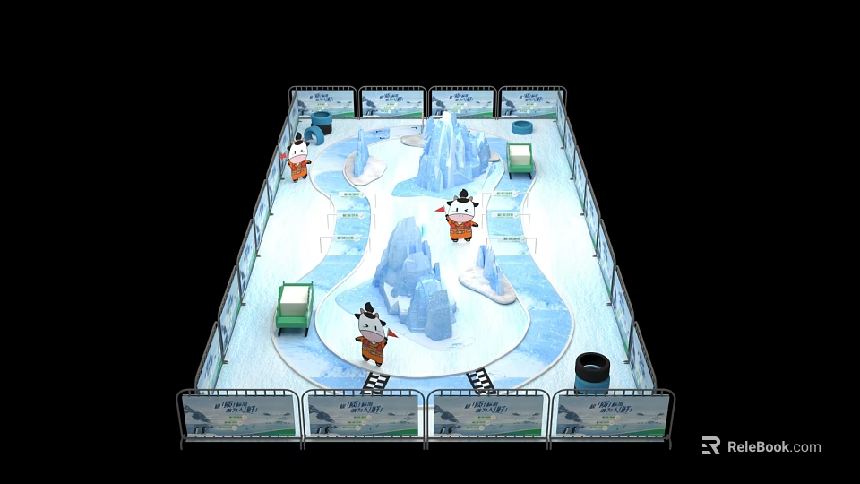 Enclosed Ice Rink Fitness Space With Sculptures Steps And People Exercising 3d model 