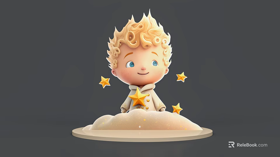 Cute 3D Boy Character With Curly Blonde Hair Blue Eyes And Golden Stars On Cloud Base 3d model 