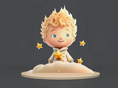 Cute 3D Boy Character With Curly Blonde Hair Blue Eyes And Golden Stars On Cloud Base 3d model