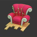 Pink Single Sofa with White Trim and Decorative Buttons on Wooden Platform against Black Background