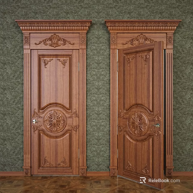 Traditional Wooden Swing Doors With Intricate Carvings And Decorative Frames 3d model 