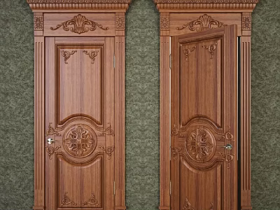 Traditional Wooden Swing Doors With Intricate Carvings And Decorative Frames 3d model