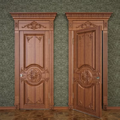 Traditional Wooden Swing Doors With Intricate Carvings And Decorative Frames 3d model