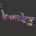 Purple Shark Shaped Weapon With Sharp Teeth Yellow Eyes And Belt Design