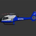 Blue Helicopter with Red and White Striped Rotors Modern Design Transparent Cockpit and Shiny Exterior