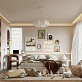 Kids Room Interior Design With Bed Toy Car Stuffed Animals Bookshelf And Cloud Chandelier