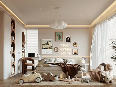 Kids Room Interior Design With Bed Toy Car Stuffed Animals Bookshelf And Cloud Chandelier 3d model