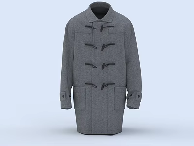 Gray Long Length Coat With Horn Buttons Pockets And Cuff Details 3d model