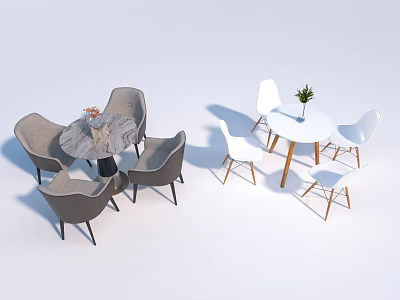 Gray and White Round Table Sets with Four Chairs and Decorative Plants 3d model
