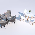 Gray and White Round Table Sets with Four Chairs and Decorative Plants 3d model