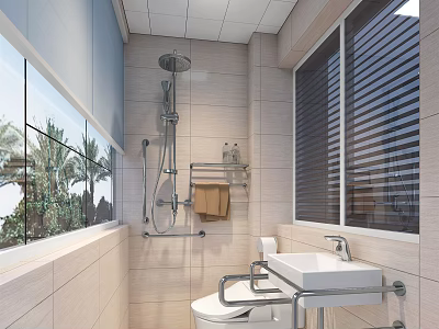 Modern Public Restroom Interior With Tiled Walls Sink Toilet And Window Blinds 3d model