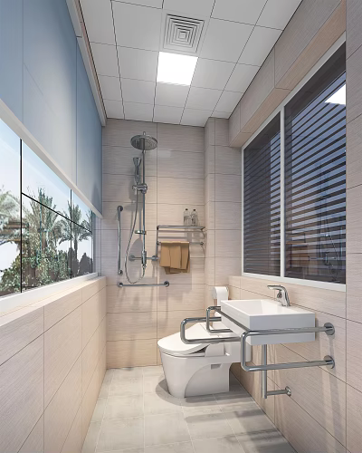 Modern Public Restroom Interior With Tiled Walls Sink Toilet And Window Blinds 3d model