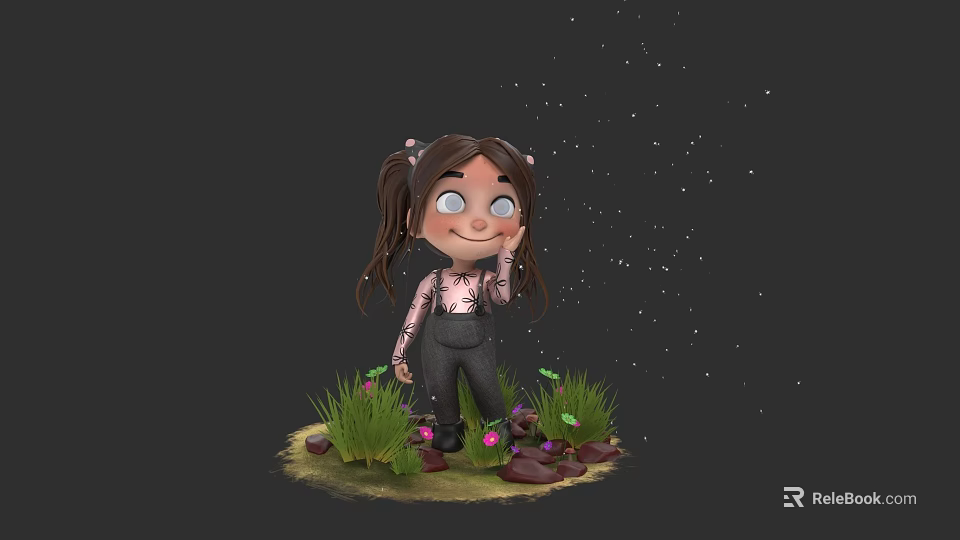 Cartoon Girl With Pigtails Standing On Grass With Purple Flowers And Starry Background 3d model 