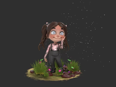 Cartoon Girl With Pigtails Standing On Grass With Purple Flowers And Starry Background 3d model