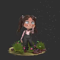 Cartoon Girl With Pigtails Standing On Grass With Purple Flowers And Starry Background