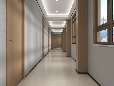 Modern Elevator Hallway With Wooden Doors White Walls Ceiling Lights Windows And Light Colored Floor 3d model