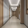 Modern Elevator Hallway With Wooden Doors White Walls Ceiling Lights Windows And Light Colored Floor