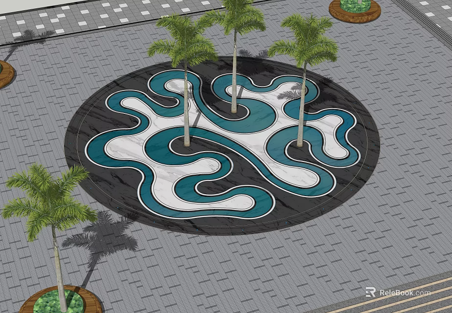 Round Garden Ornament with Blue White Wavy Patterns and Palm Trees 3d model 