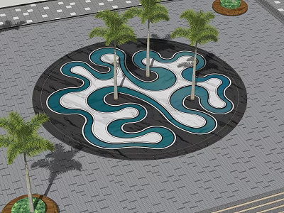 Round Garden Ornament with Blue White Wavy Patterns and Palm Trees 3d model