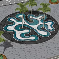 Round Garden Ornament with Blue White Wavy Patterns and Palm Trees