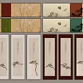 Traditional Chinese Scroll Paintings With Floral Branches And Animal Motifs On Colored Backgrounds