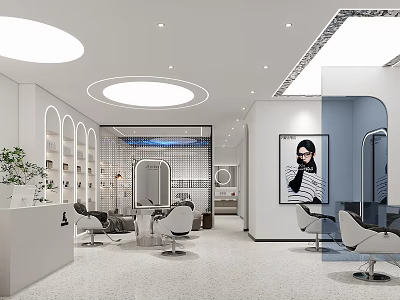 Modern White Beauty Hair Salon Interior With Round Ceiling Lights Styling Chairs And Mirrors 3d model
