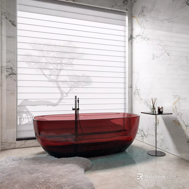 Red Bathtub in Modern Bathroom with Window Blinds and Marble Walls and Side Table 3d model 