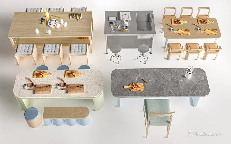 Modern Dining Table and Chair Sets With Marble Wooden Tops and Meal Setting 3d model 