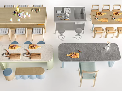 Modern Dining Table and Chair Sets With Marble Wooden Tops and Meal Setting 3d model