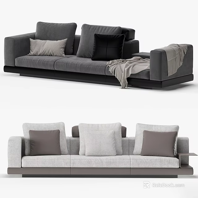 Modern Grey Multi Seater Sofa With Plush Pillows Blanket And Side Table 3d model