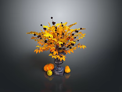 Autumn Plant Bouquet With Yellow Orange Leaves Black Berries Vase And Pumpkins On Dark Background 3d model