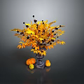 Autumn Plant Bouquet With Yellow Orange Leaves Black Berries Vase And Pumpkins On Dark Background