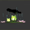 Frog And Baby Frog On Lotus Leaf With Pink Lotus Flowers And Raindrops Over Water