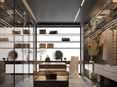 Modern Walk-in Closet Interior With Glass Doors Shelves Hanging Clothes And Display Table 3d model