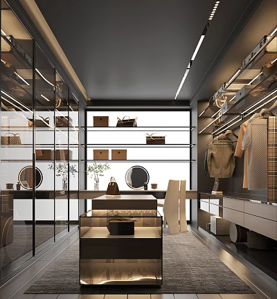 Modern Walk-in Closet Interior With Glass Doors Shelves Hanging Clothes And Display Table 3d model
