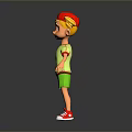 Cartoon Boy With Red Cap Blonde Hair Green Outfit Red Shoes Gray Background Reflection