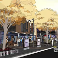 Bustling Commercial Street With LOVE Sculpture Pedestrians Trees And Modern Buildings