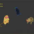Three Mice In Different Colors With Standing Poses On Gray Background With Reflections