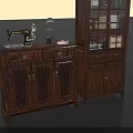 Vintage Wooden Furniture Set Featuring Sewing Machine Cabinet And Glass Door Display Cabinet