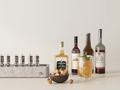 Wine Bottles And Glass With Drink Lemon Slices And Nuts 3d model