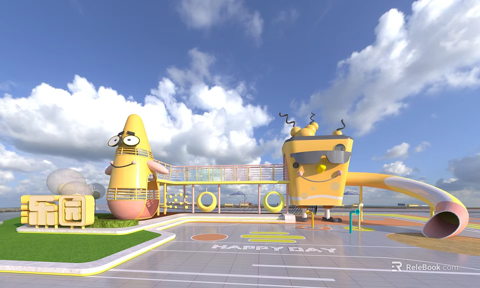 Outdoor Children's Play Area With Cartoon Structures Slides And Happy Day 3d model 