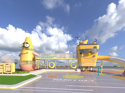 Outdoor Children's Play Area With Cartoon Structures Slides And Happy Day 3d model
