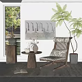 Wooden Rocking Leisure Chair With Patterned Cushion Small Round Table And Fern Plant By Window