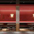Modern Restaurant Interior With Wooden Ceiling Red Walls Pendant Lights And Dining Areas