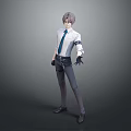 Gray Haired Male Character In White Shirt With Blue Tie And Small Creature Companion
