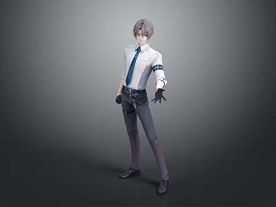 Gray Haired Male Character In White Shirt With Blue Tie And Small Creature Companion 3d model