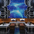 KTV Interior Design With Starry Sky Backdrop Brown Leather Sofas Coffee Tables And Neon Lights 3d model