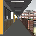 School Hallway With Lockers And People Walking In Red Brick Building Balcony Area