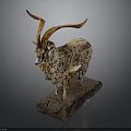 Goat Sculpture Carving With Long Curved Horns And Textured Fur On Stone Base