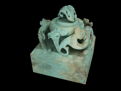 Ancient Bronze Sculpture Carving with Intricate Dragon Motifs and Square Base 3d model